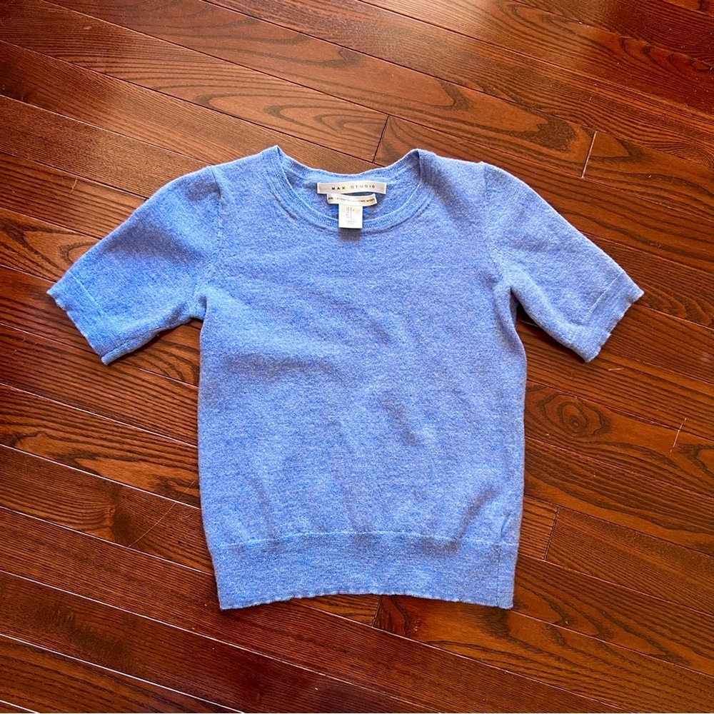 Baby‎ Blue Merino Wool Knit Short Sleeve Top Quiet Luxury Old Money Sz XS